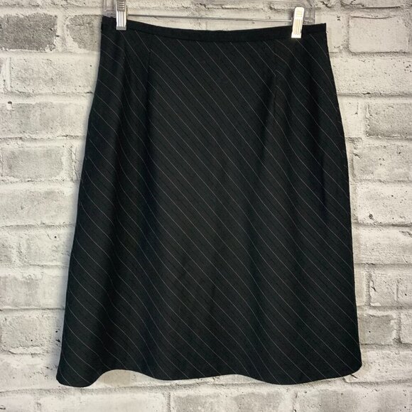 Vintage 90s Black Pinstripe Embroidered Flowers Knee Length A-Line Skirt - Picture 5 of 12